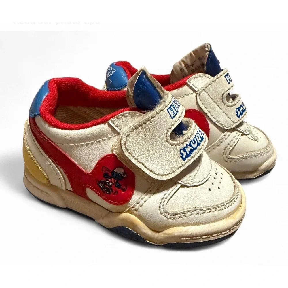 Vintage Smurfs Baby Shoes Hook Loop Sneakers Kids White Red Blue‎ Size 2
